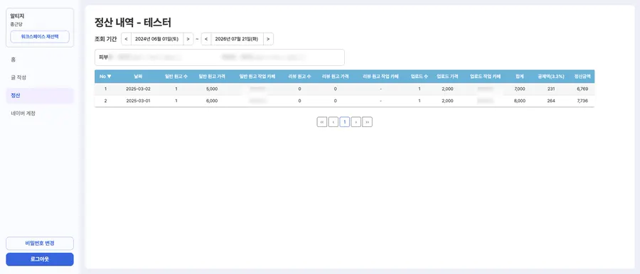 계정별 게시글 트래킹 목록