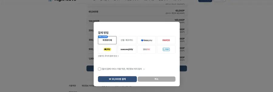 결제 및 포인트 구매 화면